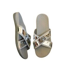 Vionic Size 9 Silver Shiny Ortho Flat Sandals Slip On Criss Cross